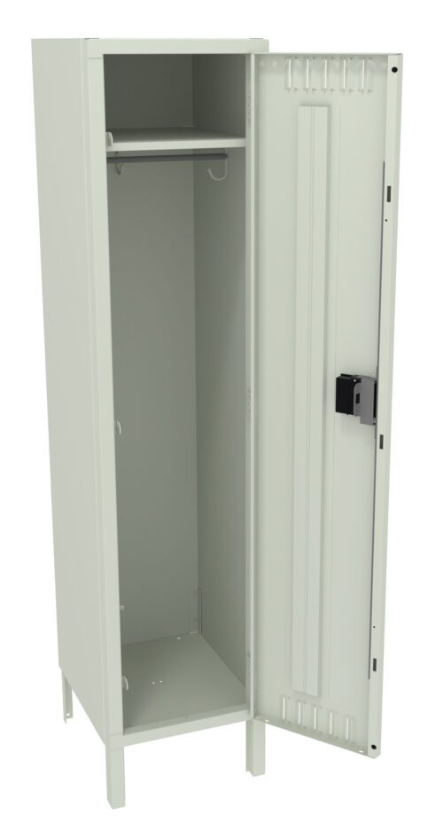 A tall, light gray metal locker with a single open door. Inside, it has an upper shelf and a hanging rod. The locker stands on four legs and has a lock mechanism on the door. The interior is empty.