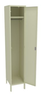 A tall, beige metal locker stands with its single door open, revealing an empty interior with a hanging rod and hook. The locker is supported by four short legs and the door features a small rectangular handle.