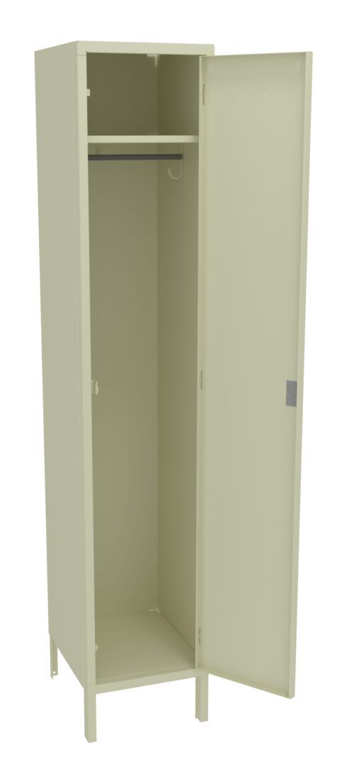 A tall, beige metal locker stands with its single door open, revealing an empty interior with a hanging rod and hook. The locker is supported by four short legs and the door features a small rectangular handle.