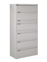 A tall, gray, five-drawer, metal filing cabinet with a lock at the top. The cabinet is designed for organizing files, featuring horizontal pull handles on each drawer.
