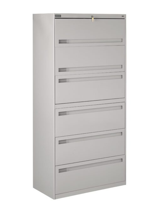 A tall, gray, five-drawer, metal filing cabinet with a lock at the top. The cabinet is designed for organizing files, featuring horizontal pull handles on each drawer.