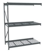 A metal storage rack with three wire mesh shelves and sturdy vertical supports. The rack is empty, industrial in design, and suitable for organizing and storing items in a warehouse or garage setting.
