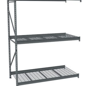 A metal storage rack with three wire mesh shelves and sturdy vertical supports. The rack is empty, industrial in design, and suitable for organizing and storing items in a warehouse or garage setting.