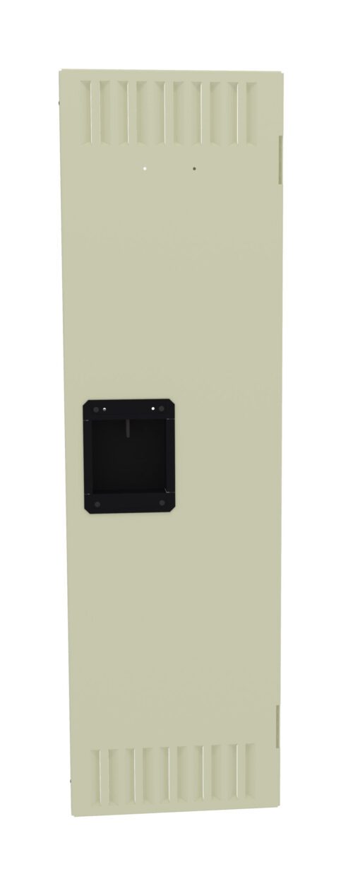 Light gray locker door with a black recessed handle in the center. The door has small ventilation slits at the top and bottom. The background is plain white.