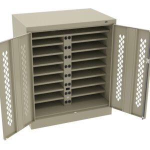 Open beige cabinet with perforated doors, containing multiple horizontal shelves. The interior design includes black straps on each shelf, suggesting its used for organizing or storing items securely.