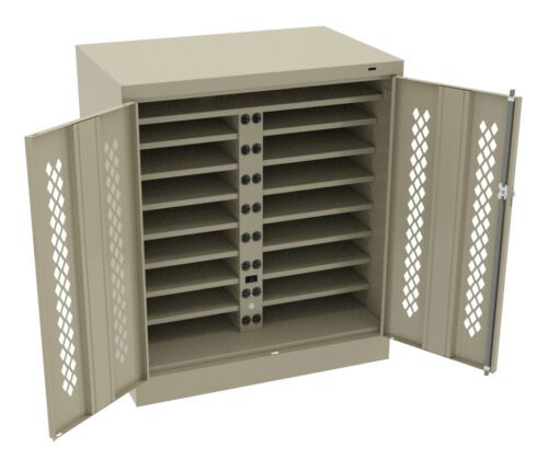 q3fzwk3cbk8huvahl9mn.jpg Open beige cabinet with perforated doors, containing multiple horizontal shelves. The interior design includes black straps on each shelf, suggesting its used for organizing or storing items securely.