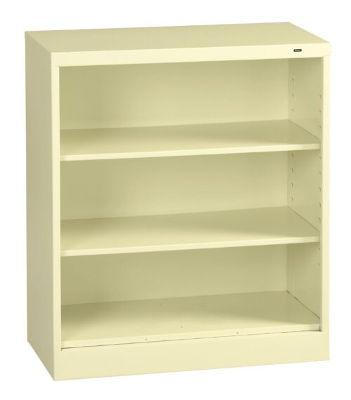 q3yopiijls8esvg5nsoq.jpg A beige metal bookcase with three shelves is shown. The design is simple and functional, featuring a solid back and an open front. The bookcase is empty, highlighting its spacious storage potential.