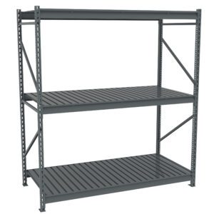 A large, gray, metal shelving unit with three tiers. It features a sturdy frame with diagonal support bars and slatted shelves, suitable for industrial or garage storage. The unit is empty and stands against a plain white background.