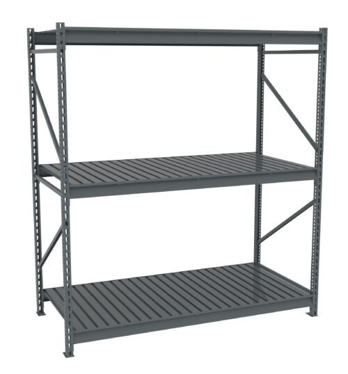 A large, gray, metal shelving unit with three tiers. It features a sturdy frame with diagonal support bars and slatted shelves, suitable for industrial or garage storage. The unit is empty and stands against a plain white background.