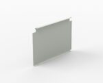 A flat, rectangular metal panel with notched edges is shown on a white background. The panel is positioned upright and casts a faint shadow to the right.