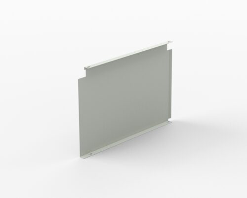A flat, rectangular metal panel with notched edges is shown on a white background. The panel is positioned upright and casts a faint shadow to the right.