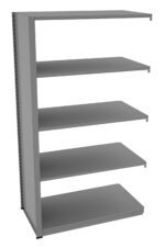 A 3D rendering of a metal shelving unit with five shelves. The shelves are evenly spaced and have a minimalist design, with a single vertical support on the left side. The shelves are a solid gray color.