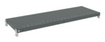 A rectangular, flat, metal shelf, painted gray with evenly spaced holes along its surface. It is supported by four short metal brackets, one at each corner. The shelf appears sturdy and is set against a plain white background.