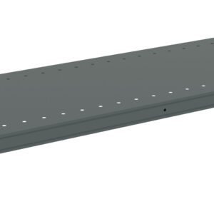 A rectangular, flat, metal shelf, painted gray with evenly spaced holes along its surface. It is supported by four short metal brackets, one at each corner. The shelf appears sturdy and is set against a plain white background.