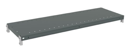 A rectangular, flat, metal shelf, painted gray with evenly spaced holes along its surface. It is supported by four short metal brackets, one at each corner. The shelf appears sturdy and is set against a plain white background.