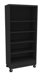 A tall, black, wheeled shelving unit with five open shelves. It is empty and has a simple, modern design. The unit is shown on white background.
