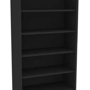 A tall, black, wheeled shelving unit with five open shelves. It is empty and has a simple, modern design. The unit is shown on white background.