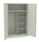 A large, open, metal storage cabinet with light gray color. It has two doors, a rod for hanging clothes on the left, and four adjustable shelves on the right. The interior is spacious and unoccupied, ready for storage.