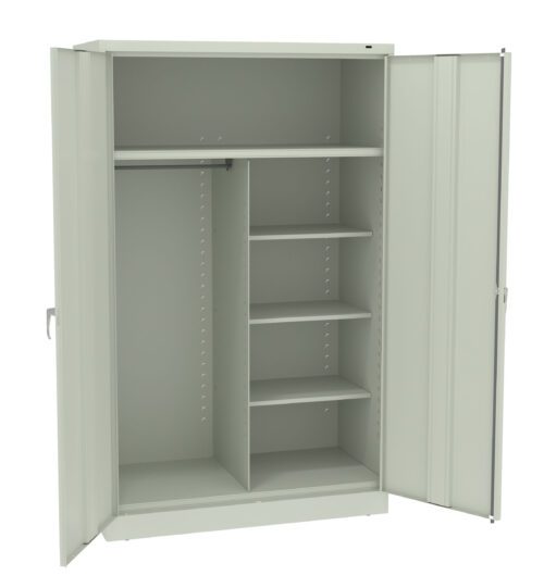 A large, open, metal storage cabinet with light gray color. It has two doors, a rod for hanging clothes on the left, and four adjustable shelves on the right. The interior is spacious and unoccupied, ready for storage.