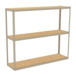 A beige metal shelving unit with three wooden shelves is displayed against a white background. The frame features perforated beams for adjustable shelf height. The design is minimalist and functional, suitable for storage or display.