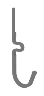 A gray, abstract hook-shaped object with a series of bends and curves, resembling a stylized letter J. The surface appears smooth and the object is shown on a plain white background.