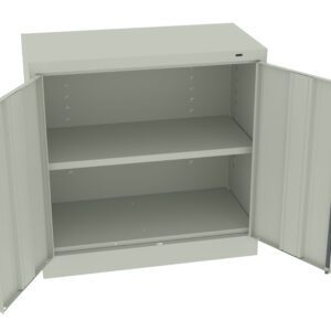 Open metal storage cabinet with two doors and an interior shelf. The cabinet is light gray, with adjustable shelving slots on the sides. The doors are wide open, revealing an empty interior. The cabinet has a plain, functional design.
