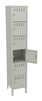 Gray metal locker with six compartments, each featuring a small vented door. The fourth compartments door is open, revealing an empty interior. The locker stands on four legs.