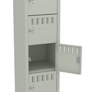 Gray metal locker with six compartments, each featuring a small vented door. The fourth compartments door is open, revealing an empty interior. The locker stands on four legs.