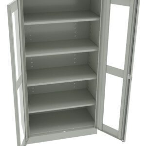 An empty, open metal storage cabinet with two glass doors. The cabinet has four adjustable shelves inside, providing ample storage space. The exterior is light gray, and there is a lock mechanism on the right door.