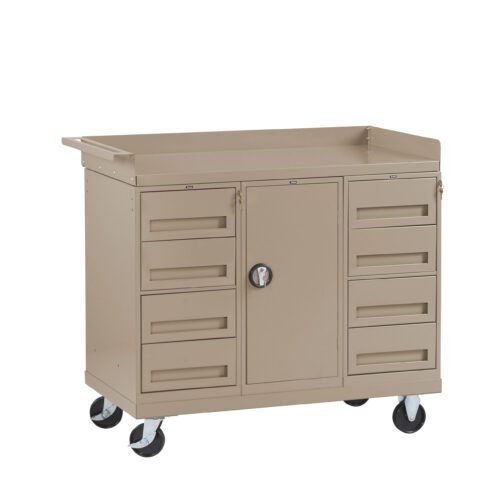 Tan rolling tool cart with multiple drawers and a central cabinet, featuring a handle on the side for easy maneuvering. The cart is equipped with four wheels for mobility.