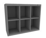 A gray, six-compartment storage shelf with adjustable slots. Each section is rectangular, aligned in two rows of three. The shelves are empty and have a smooth, modern design.