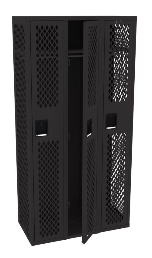 A black metal locker with three compartments, two of which are closed. The middle door is slightly open. All doors feature a diamond-patterned perforation for ventilation.
