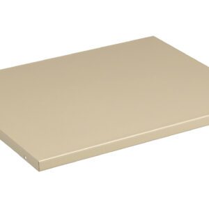 A beige, rectangular metal shelf positioned at an angle against a plain white background. The shelf has a smooth surface and slightly raised edges.