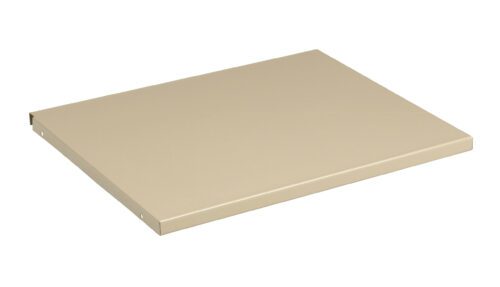 A beige, rectangular metal shelf positioned at an angle against a plain white background. The shelf has a smooth surface and slightly raised edges.