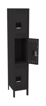 Black metal locker with three compartments stacked vertically. The middle door is open, revealing an empty interior. Each compartment has a rectangular handle and ventilation slots. The locker stands on four legs.