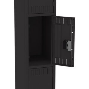 Black metal locker with three compartments stacked vertically. The middle door is open, revealing an empty interior. Each compartment has a rectangular handle and ventilation slots. The locker stands on four legs.