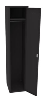 A tall, black metal locker with a single open door. It reveals an empty interior with a horizontal rod near the top for hanging items. The design is simple and functional, suitable for storage in a school or gym setting.