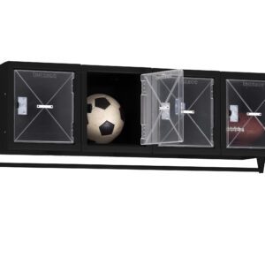 A black, wall-mounted sports equipment locker with three transparent compartments. The left holds a soccer ball, the middle is open, and the right contains a football.
