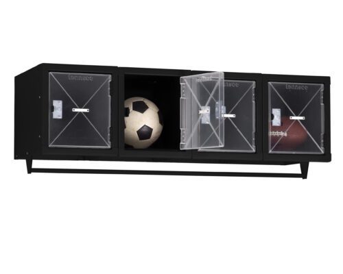 A black, wall-mounted sports equipment locker with three transparent compartments. The left holds a soccer ball, the middle is open, and the right contains a football.