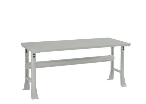 A grey metal workbench with a flat rectangular top and sturdy legs. A horizontal support beam connects the legs for added stability. The design is simple and industrial, suitable for various workspaces.