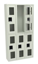 A white, six-compartment metal locker unit with transparent glass or plastic doors. One door is open, revealing the empty interior. Each compartment has a black handle.