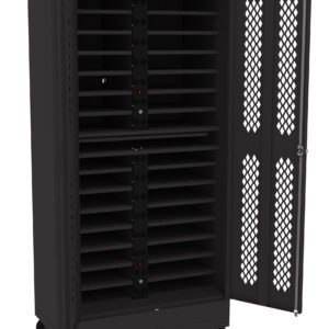 A black metal storage cabinet with multiple horizontal slots is shown. The cabinet door is open and features a perforated design. The unit is on wheels for mobility.