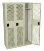 A beige metal locker with three compartments, designed with perforated diamond-shaped mesh doors. One door is open, revealing an empty interior with a shelf and hanging rod.