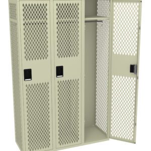 A beige metal locker with three compartments, designed with perforated diamond-shaped mesh doors. One door is open, revealing an empty interior with a shelf and hanging rod.