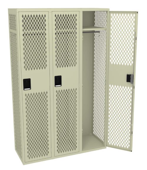 A beige metal locker with three compartments, designed with perforated diamond-shaped mesh doors. One door is open, revealing an empty interior with a shelf and hanging rod.