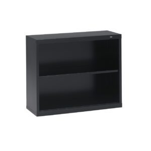 A black metal bookshelf with two open shelves. The bookshelf has a minimalist design and is set against a plain white background.