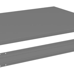 A gray, rectangular metal shelf with a separate metal bracket beside it, isolated on a white background. The shelf has a smooth surface, and the bracket has holes at the ends for mounting or assembly.
