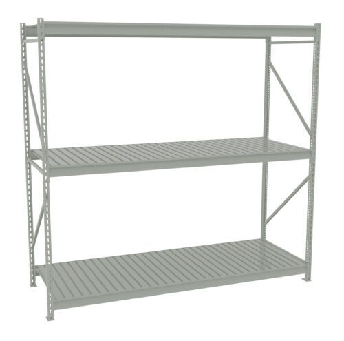 qclzmvbo6lgfbbfuaiia.jpg A metal shelving unit with three tiers. The structure is gray, featuring vertical supports and horizontal slatted shelves. The design is simple and functional, suitable for storage and organizing items in various settings.