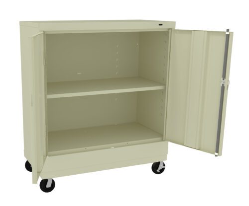 qcrmeobnswxxii6iei8m.jpg A beige metal storage cabinet on wheels with two doors open, revealing two shelves inside.