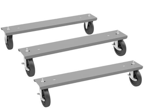 Three gray metal dolly platforms with black swivel casters, positioned diagonally. Each platform has two wheels attached for easy mobility. The platforms are identical in design and size.